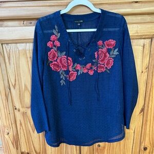 RXB Top Blue with Embroidered Flowers Sheer Lightweight Women's Size Medium